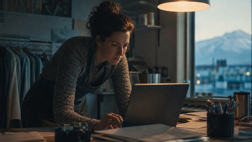 A small-business owner in an apron leaning over a laptop on a cluttered back-office desk late in the day, photographed in Anchorage