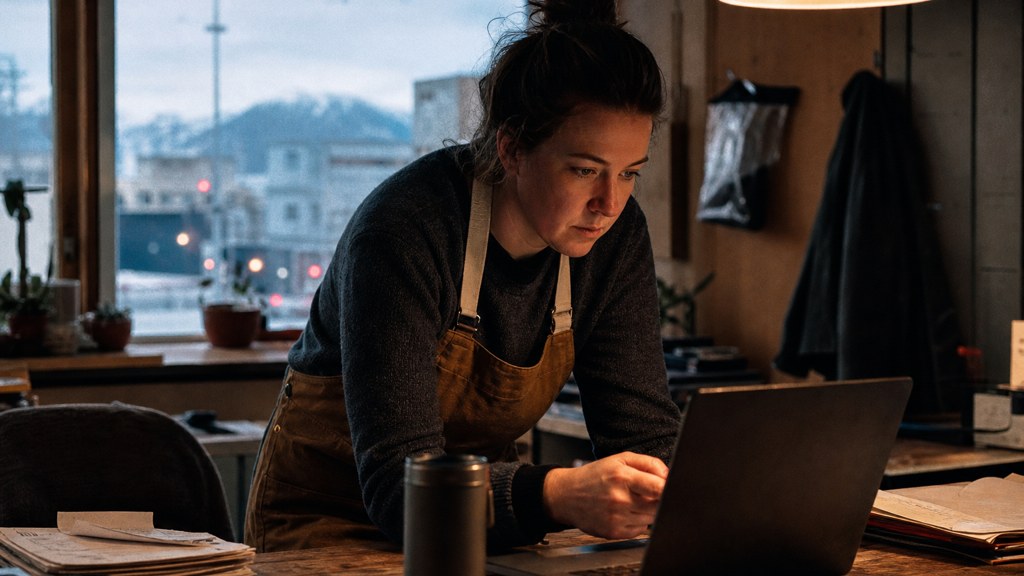A small-business owner in an apron leaning over a laptop on a cluttered back-office desk late in the day, photographed in Anchorage
