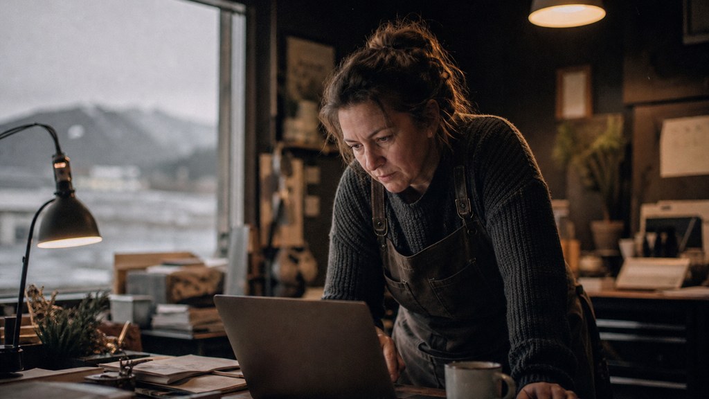 A small-business owner in an apron leaning over a laptop on a cluttered back-office desk late in the day, photographed in Anchorage