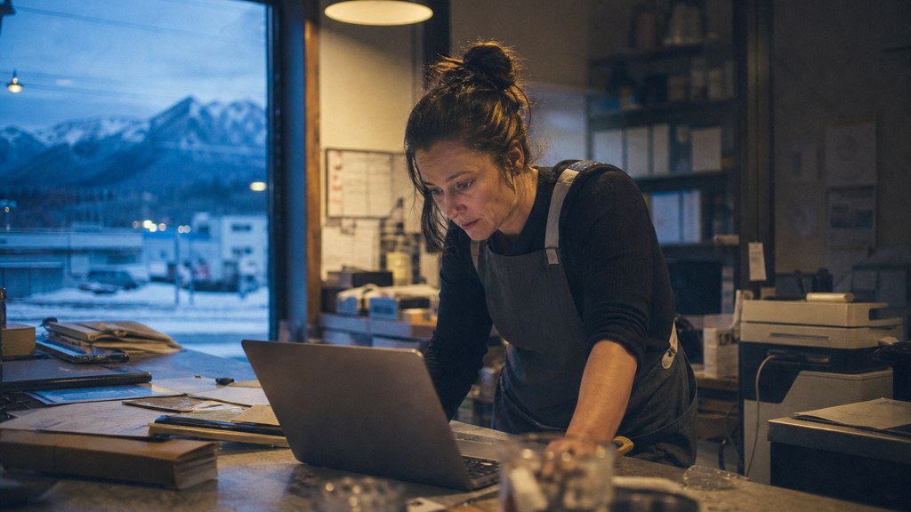 A small-business owner in an apron leaning over a laptop on a cluttered back-office desk late in the day, photographed in Anchorage