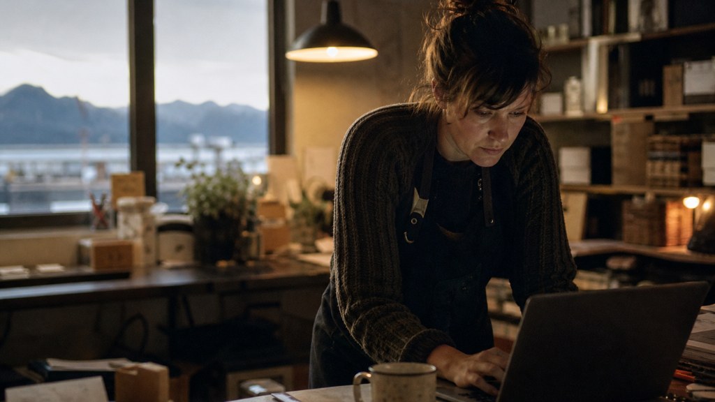 A small-business owner in an apron leaning over a laptop on a cluttered back-office desk late in the day, photographed in Anchorage