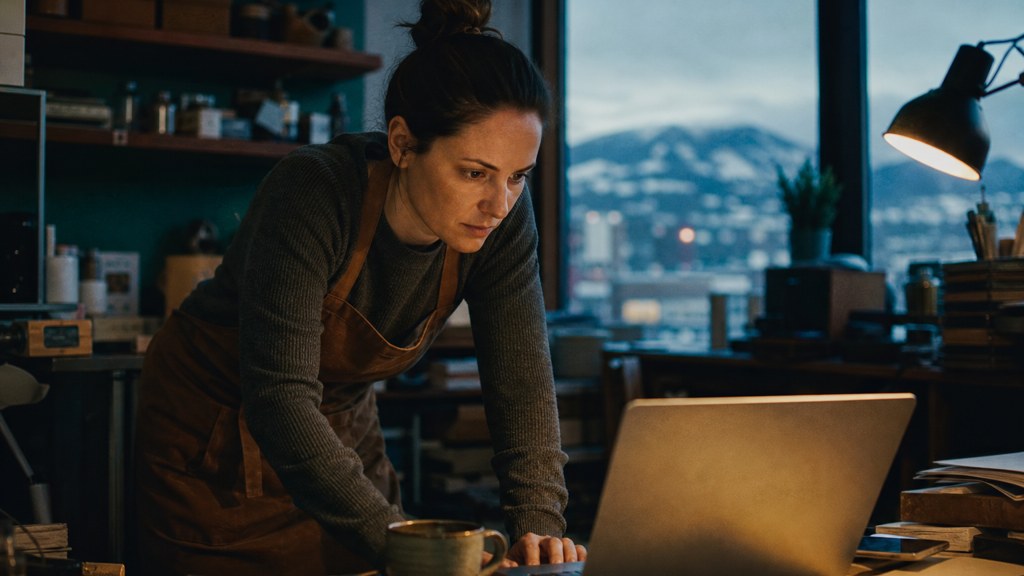 A small-business owner in an apron leaning over a laptop on a cluttered back-office desk late in the day, photographed in Anchorage