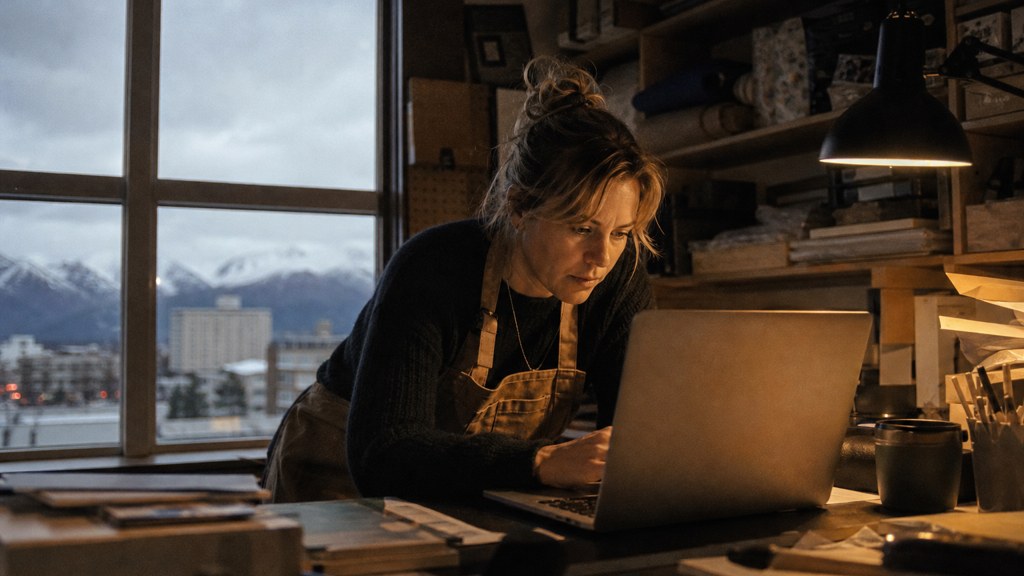A small-business owner in an apron leaning over a laptop on a cluttered back-office desk late in the day, photographed in Anchorage