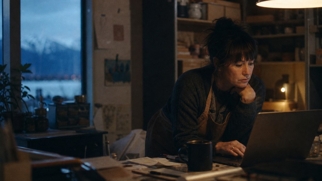 A small-business owner in an apron leaning over a laptop on a cluttered back-office desk late in the day, photographed in Anchorage