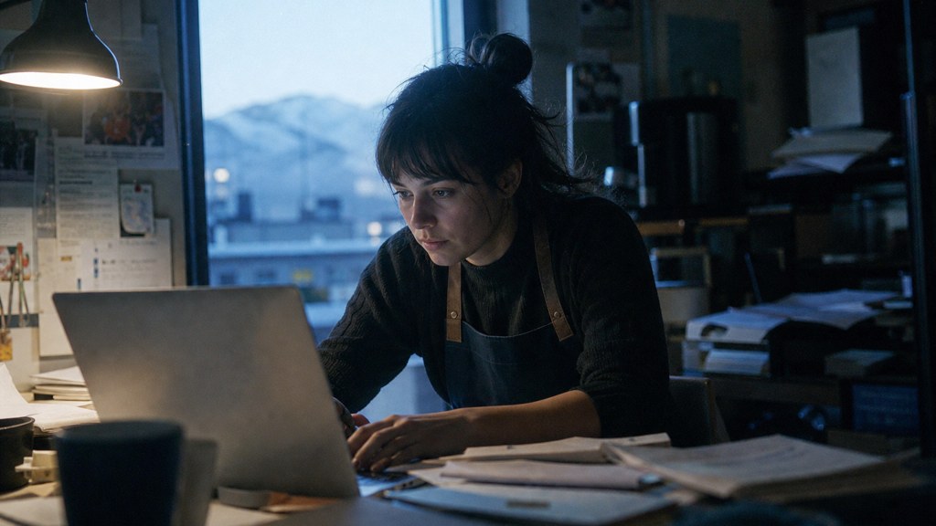 A small-business owner in an apron leaning over a laptop on a cluttered back-office desk late in the day, photographed in Anchorage