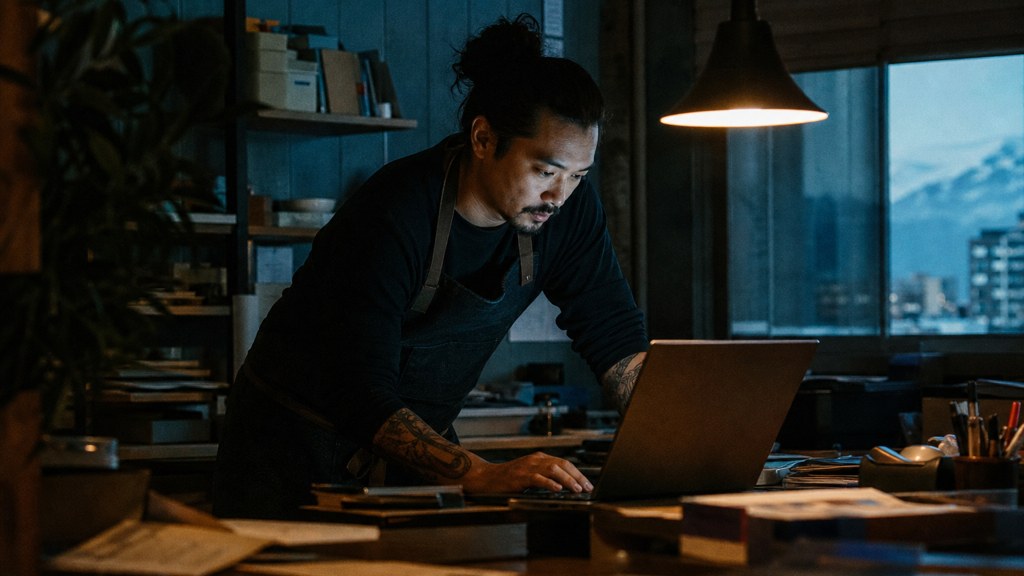 A small-business owner in an apron leaning over a laptop on a cluttered back-office desk late in the day, photographed in Anchorage