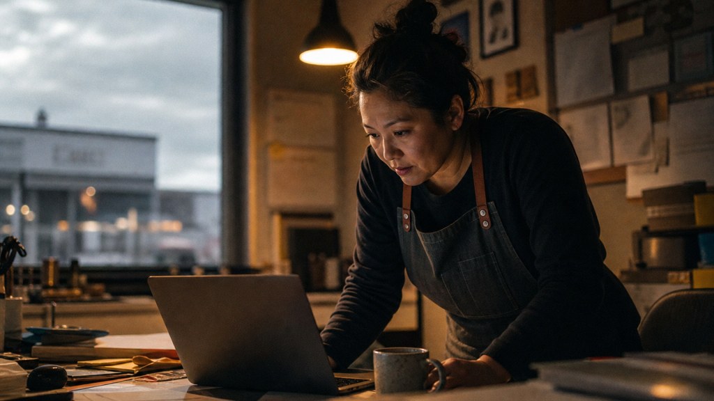 A small-business owner in an apron leaning over a laptop on a cluttered back-office desk late in the day, photographed in Anchorage
