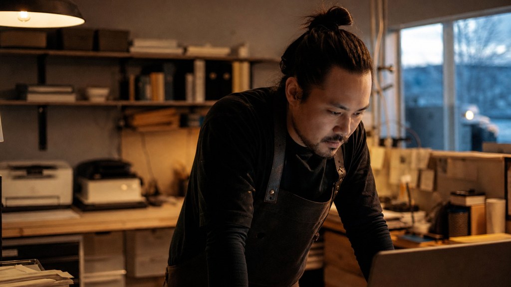 A small-business owner in an apron leaning over a laptop on a cluttered back-office desk late in the day, photographed in Anchorage
