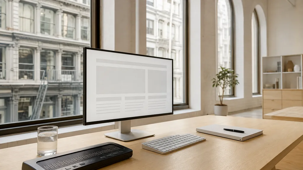 Editorial photograph of an empty web accessibility studio in a Manhattan loft office with a pale oak desk, a widescreen monitor showing a blank wireframe, a braille display and a keyboard, and tall arched windows onto a cast-iron street in soft morning light, no people and no signage