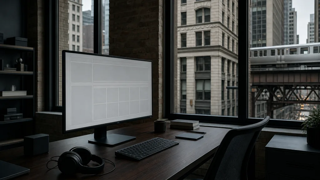 Editorial photograph of an empty accessibility and web development studio in a Chicago Loop building with a dark walnut desk, a widescreen monitor showing a blank wireframe grid, headphones and a keyboard, and tall windows onto stone facades and an elevated rail line in cool overcast light, no people and no signage