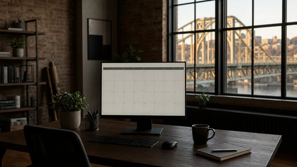 Editorial photograph of an empty modern email marketing studio in a converted Pittsburgh warehouse office with tall industrial windows onto a steel river bridge in golden evening light, a widescreen monitor showing a blank campaign and automation view, a keyboard and a mug on a wooden desk, no people and no signage