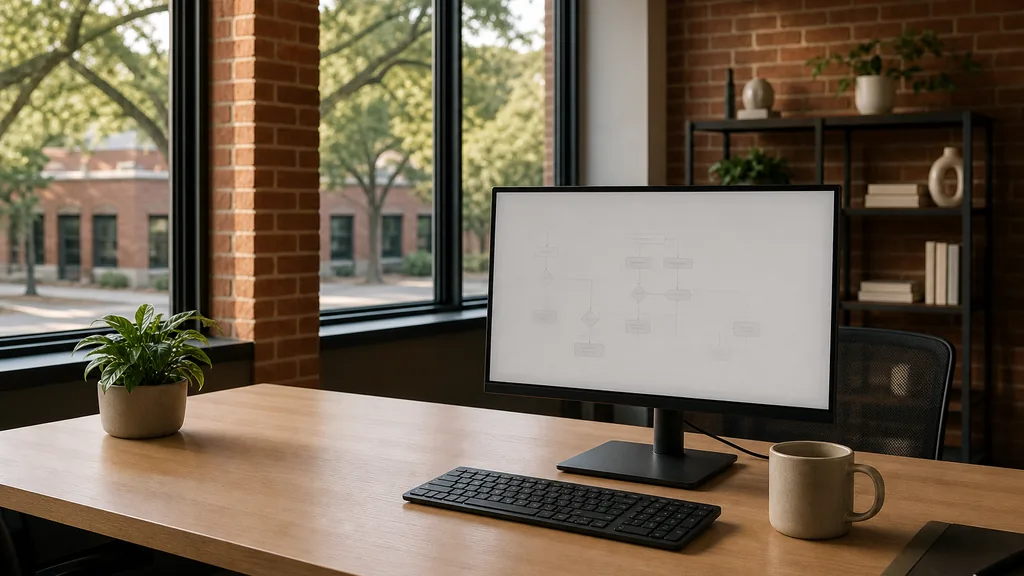 Editorial photograph of an empty modern email marketing studio in a Raleigh brick office building with large windows onto oak trees and low brick facades in soft afternoon light, a widescreen monitor showing a blank campaign and automation view, a keyboard and a mug on a wooden desk, no people and no signage