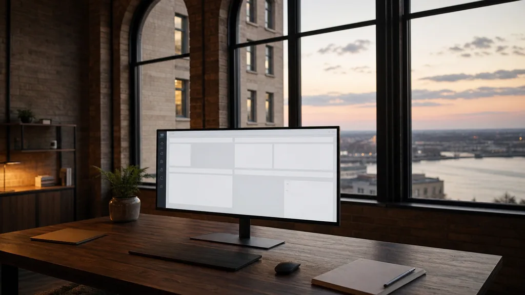 Editorial photograph of an empty modern email marketing studio in a Kansas City loft office with tall arched windows onto limestone facades and a wide river at dusk, a widescreen monitor showing a blank campaign and automation view, a keyboard and a mug on a wooden desk, no people and no signage
