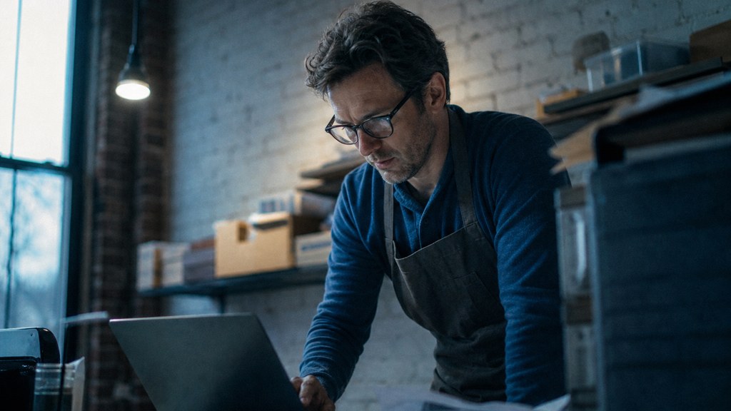 A small-business owner in an apron leaning over a laptop on a cluttered back-office desk late in the day, photographed in Arlington