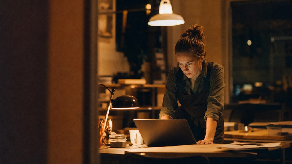 A small-business owner in an apron leaning over a laptop on a cluttered back-office desk late in the day, photographed in Arlington