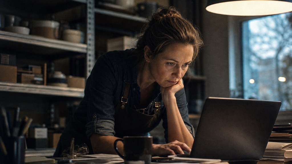 A small-business owner in an apron leaning over a laptop on a cluttered back-office desk late in the day, photographed in Arlington