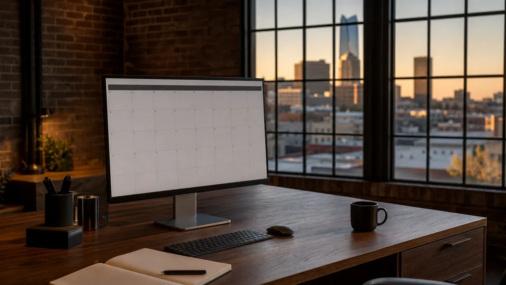 Editorial photograph of an empty modern email marketing studio in an Oklahoma City brick warehouse office with tall windows onto low prairie-city rooftops in warm evening light, a widescreen monitor showing a blank campaign and automation view, a keyboard and a mug on a wooden desk, no people and no signage