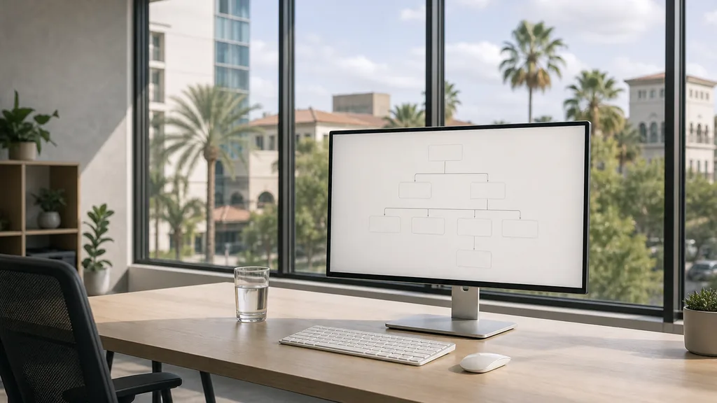 Editorial photograph of an empty modern email marketing studio in a bright Orlando office with large windows onto palms and low stucco facades in soft subtropical afternoon light, a widescreen monitor showing a blank campaign and automation view, a keyboard and a mug on a wooden desk, no people and no signage