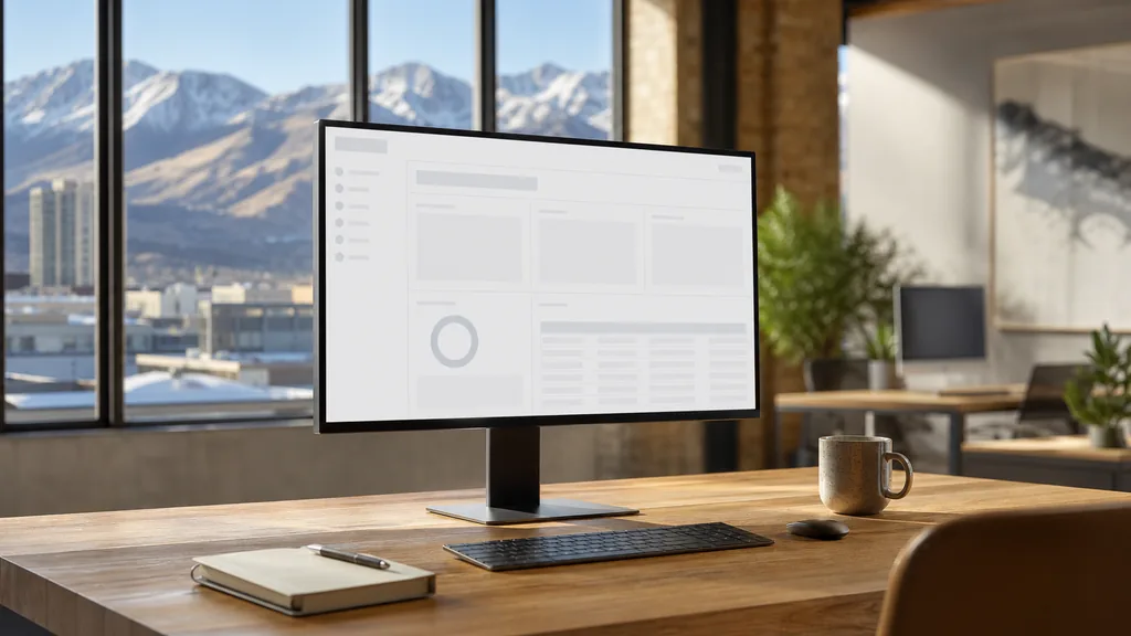 Editorial photograph of an empty modern email marketing studio in a Salt Lake City loft office with tall windows onto snow-topped mountain ridges under clear morning light, a widescreen monitor showing a blank campaign and automation view, a keyboard and a mug on a wooden desk, no people and no signage