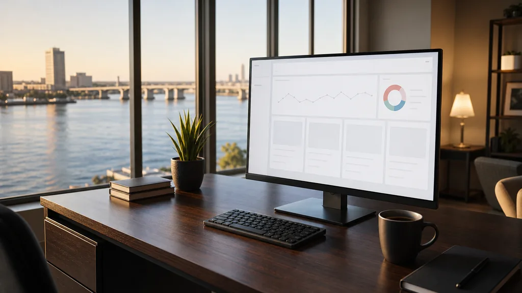 Editorial photograph of an empty modern email marketing studio in a Jacksonville riverside office with wide windows onto a broad river and low bridges in golden light, a widescreen monitor showing a blank campaign and automation view, a keyboard and a mug on a wooden desk, no people and no signage
