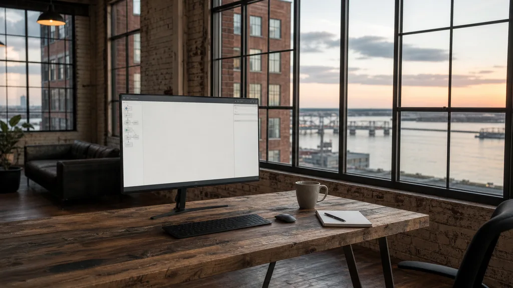 Editorial photograph of an empty modern email marketing studio in a Memphis converted warehouse with tall industrial windows onto brick facades and a wide river at dusk, a widescreen monitor showing a blank campaign and automation view, a keyboard and a mug on a wooden desk, no people and no signage