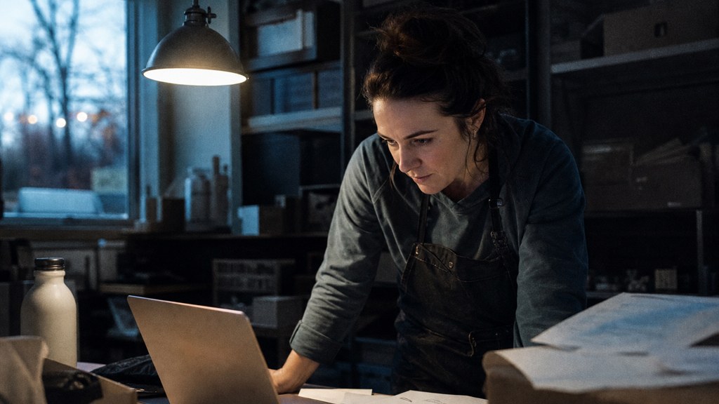 A small-business owner in an apron leaning over a laptop on a cluttered back-office desk late in the day, photographed in Arlington