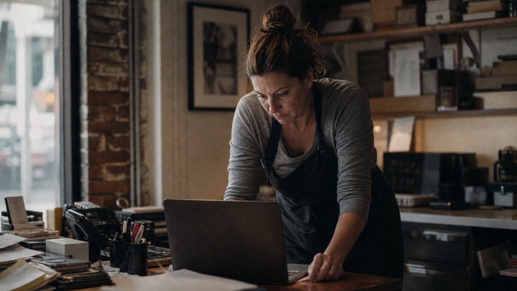 A small-business owner in an apron leaning over a laptop on a cluttered back-office desk late in the day, photographed in Arlington