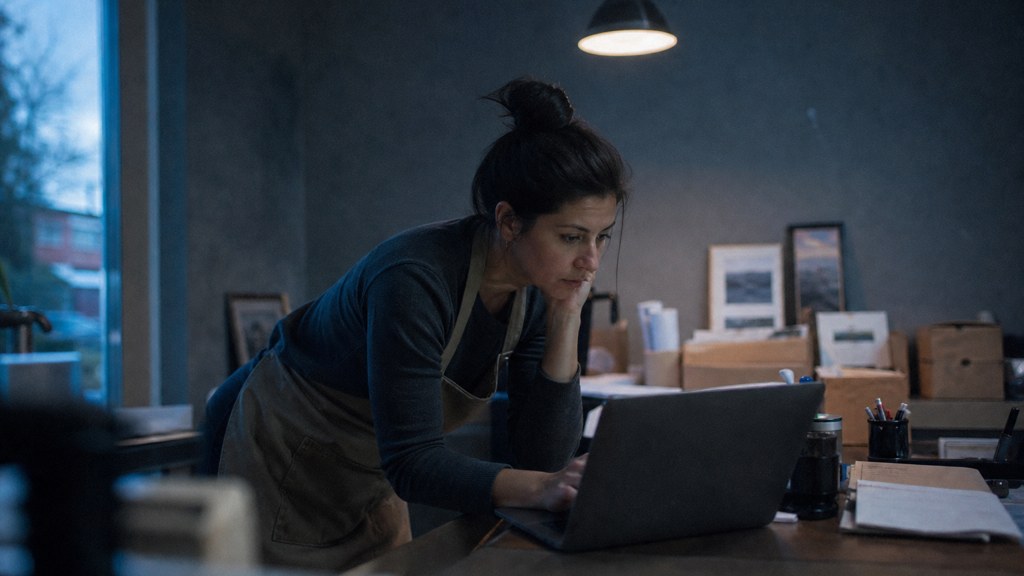 A small-business owner in an apron leaning over a laptop on a cluttered back-office desk late in the day, photographed in Arlington