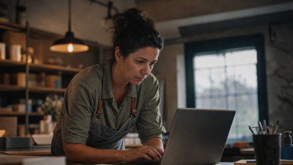 A small-business owner in an apron leaning over a laptop on a cluttered back-office desk late in the day, photographed in Arlington