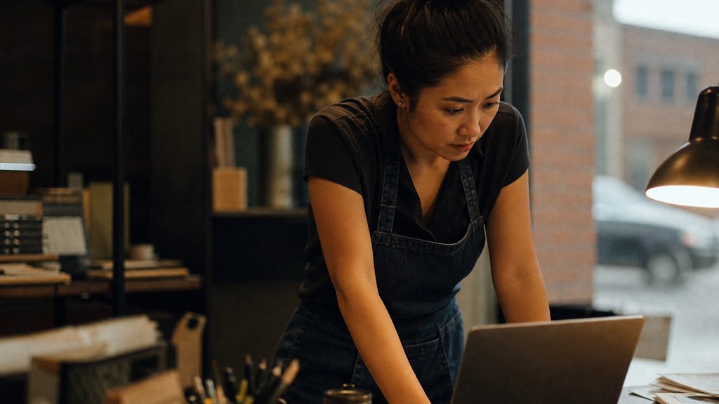 A small-business owner in an apron leaning over a laptop on a cluttered back-office desk late in the day, photographed in Arlington