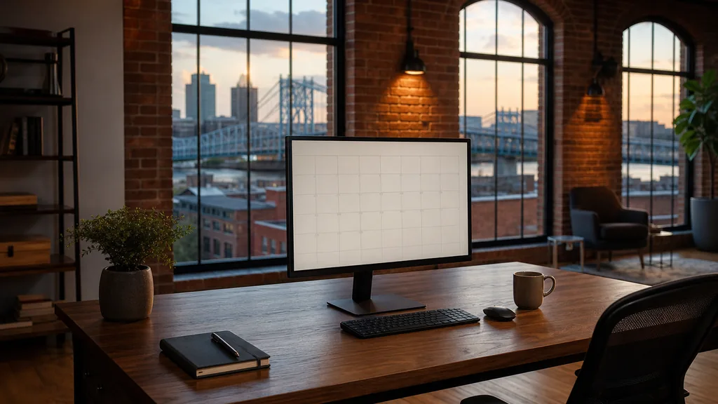 Editorial photograph of an empty modern email marketing studio in a Cincinnati brick warehouse office with tall arched windows onto river-city rooftops and a steel bridge in warm evening light, a widescreen monitor showing a blank campaign and automation view, a keyboard and a mug on a wooden desk, no people and no signage