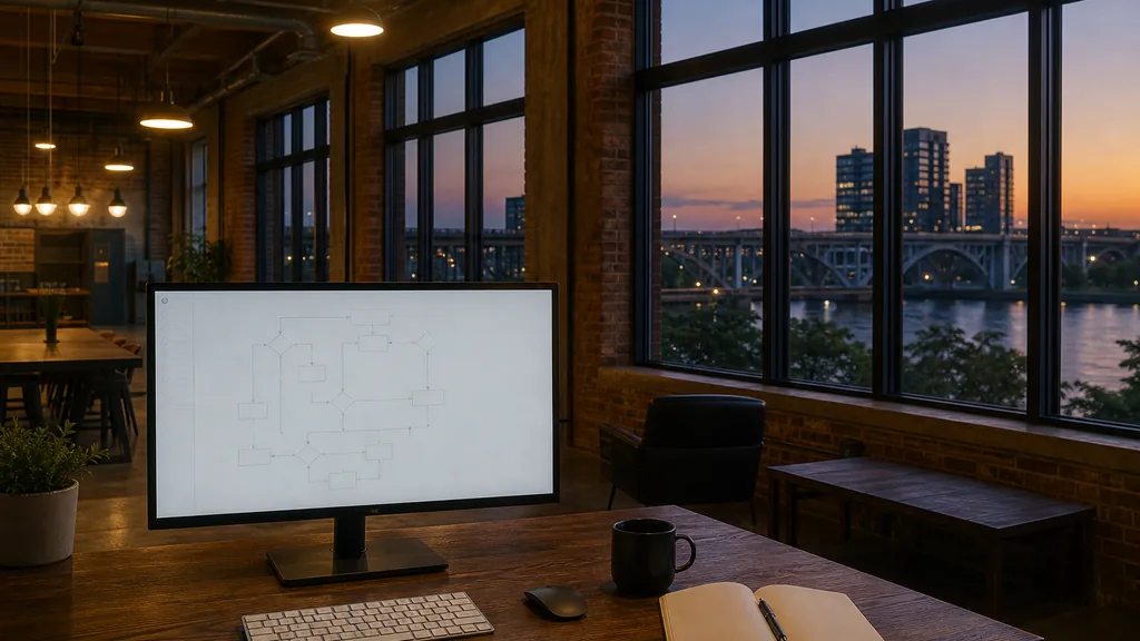 Editorial photograph of an empty modern email marketing studio in a Cleveland converted industrial loft with tall windows onto lakefront bridges and flats at dusk, a widescreen monitor showing a blank campaign and automation view, a keyboard and a mug on a wooden desk, no people and no signage