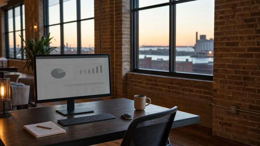 Editorial photograph of an empty modern email marketing studio in a Milwaukee brick brewery loft office with tall windows onto a harbour and low rooftops in soft evening light, a widescreen monitor showing a blank campaign and automation view, a keyboard and a mug on a wooden desk, no people and no signage