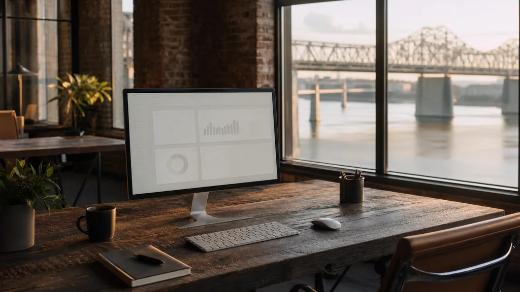 Editorial photograph of an empty modern email marketing studio in a Louisville warehouse office with wide windows onto a river and low bridges in golden light, a widescreen monitor showing a blank campaign and automation view, a keyboard and a mug on a wooden desk, no people and no signage