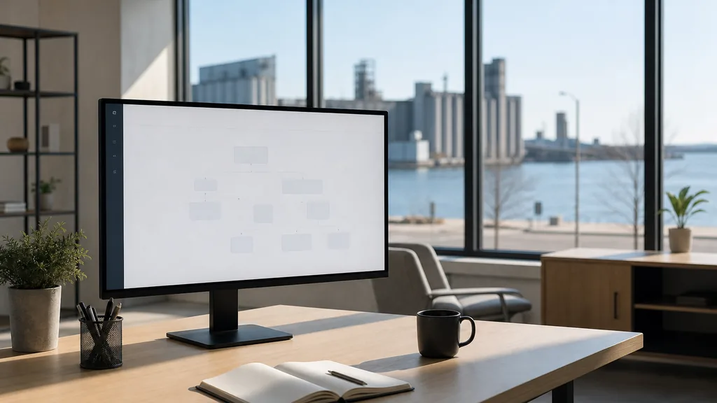 Editorial photograph of an empty modern email marketing studio in a Buffalo lakefront office with tall windows onto grain elevators and open water in clear daylight, a widescreen monitor showing a blank campaign and automation view, a keyboard and a mug on a wooden desk, no people and no signage