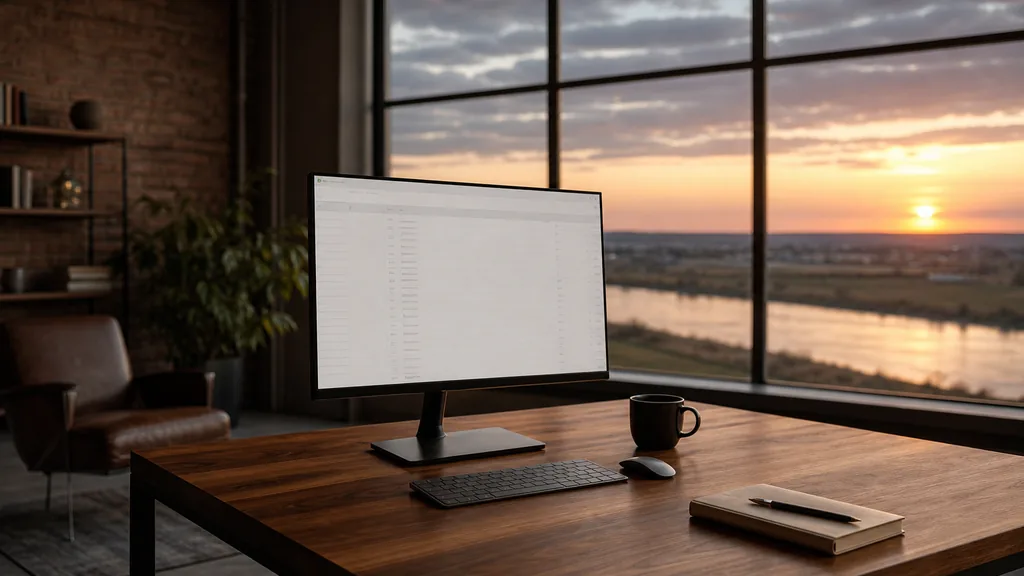 Editorial photograph of an empty modern email marketing studio in an Omaha loft office with wide windows onto a prairie river and open sky at sunset, a widescreen monitor showing a blank campaign and automation view, a keyboard and a mug on a wooden desk, no people and no signage