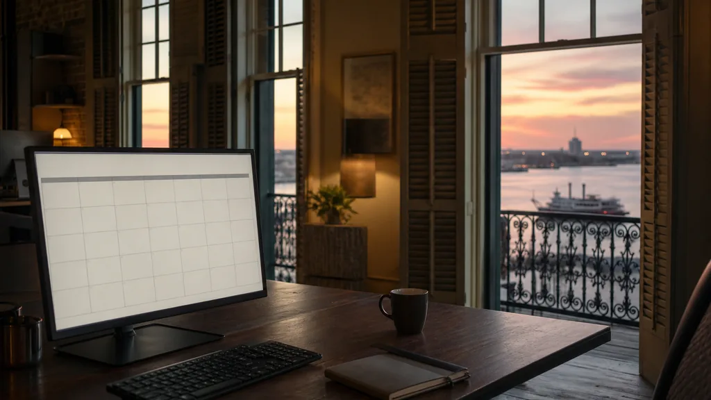 Editorial photograph of an empty modern email marketing studio in a New Orleans office with tall shuttered windows onto wrought-iron balconies and a wide river at dusk, a widescreen monitor showing a blank campaign and automation view, a keyboard and a mug on a wooden desk, no people and no signage