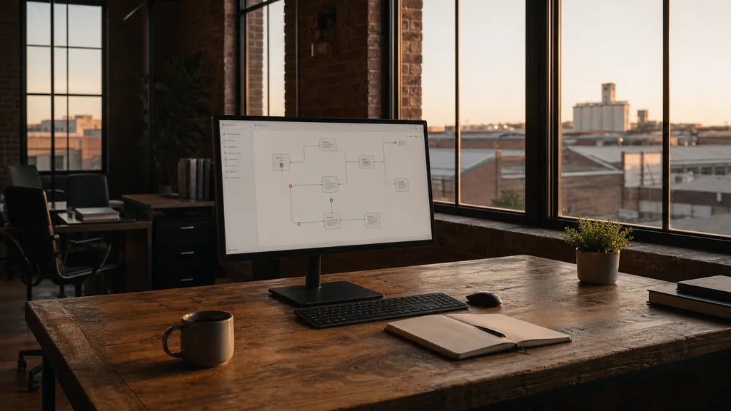 Editorial photograph of an empty modern email marketing studio in a Fort Worth brick stockyard-district office with tall windows onto low western rooftops in golden light, a widescreen monitor showing a blank campaign and automation view, a keyboard and a mug on a wooden desk, no people and no signage