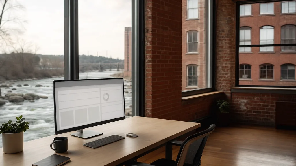 Editorial photograph of an empty modern email marketing studio in a Richmond tobacco-warehouse loft office with tall windows onto river rapids and brick facades in soft light, a widescreen monitor showing a blank campaign and automation view, a keyboard and a mug on a wooden desk, no people and no signage