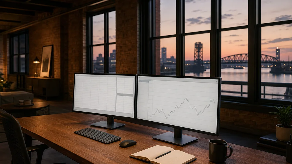 Editorial photograph of an empty modern marketing analytics studio in a Cleveland office with tall windows onto the city in soft daylight, two widescreen monitors showing blank dashboard and chart views, a keyboard, a notebook and a mug on a wooden desk, no people and no signage