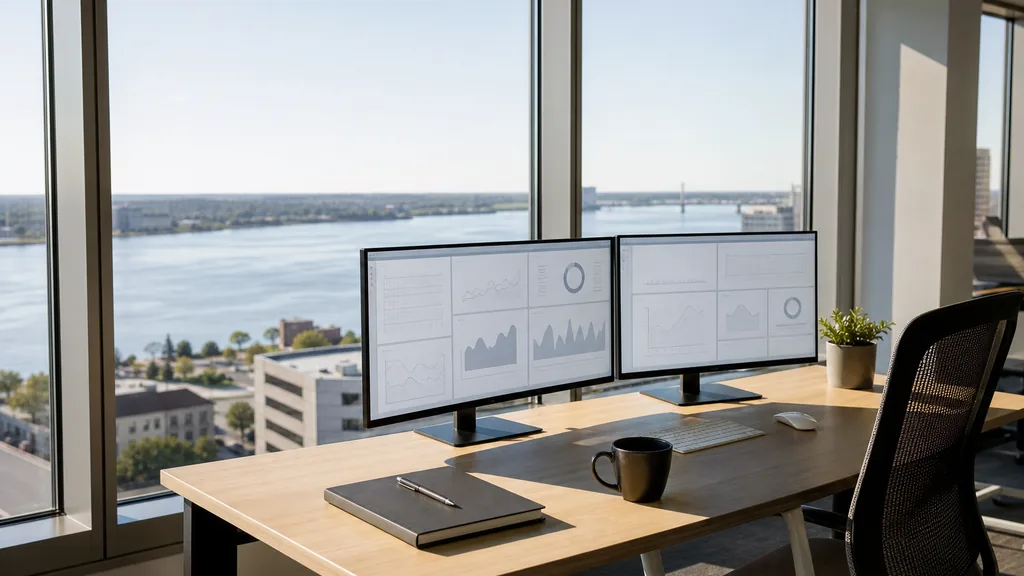 Editorial photograph of an empty modern marketing analytics studio in a Jacksonville office with tall windows onto the city in soft daylight, two widescreen monitors showing blank dashboard and chart views, a keyboard, a notebook and a mug on a wooden desk, no people and no signage