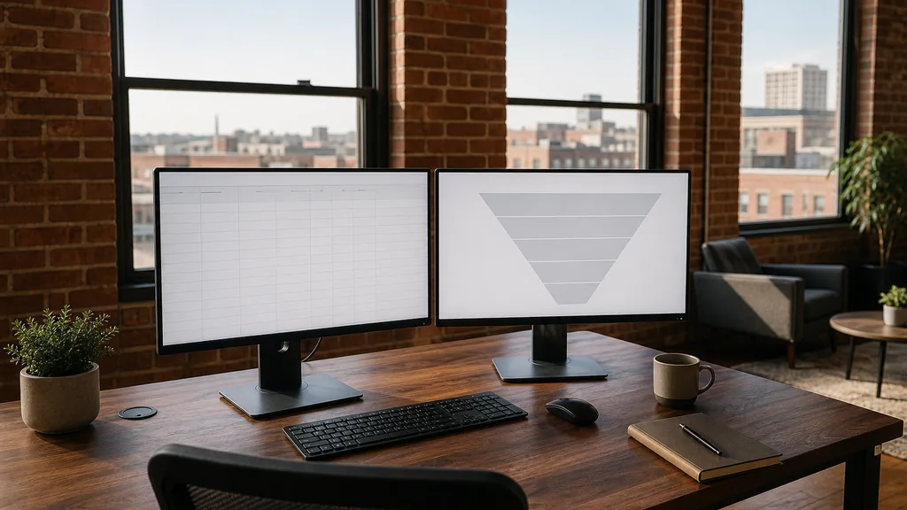 Editorial photograph of an empty modern marketing analytics studio in a Kansas City office with tall windows onto the city in soft daylight, two widescreen monitors showing blank dashboard and chart views, a keyboard, a notebook and a mug on a wooden desk, no people and no signage