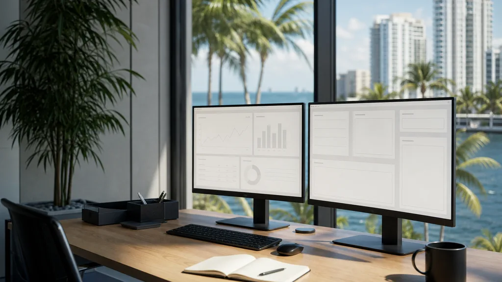 Editorial photograph of an empty modern marketing analytics studio in a Miami office with tall windows onto the city in soft daylight, two widescreen monitors showing blank dashboard and chart views, a keyboard, a notebook and a mug on a wooden desk, no people and no signage