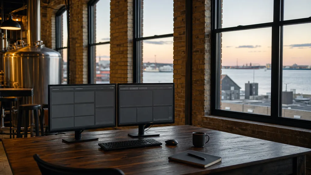 Editorial photograph of an empty modern marketing analytics studio in a Milwaukee office with tall windows onto the city in soft daylight, two widescreen monitors showing blank dashboard and chart views, a keyboard, a notebook and a mug on a wooden desk, no people and no signage