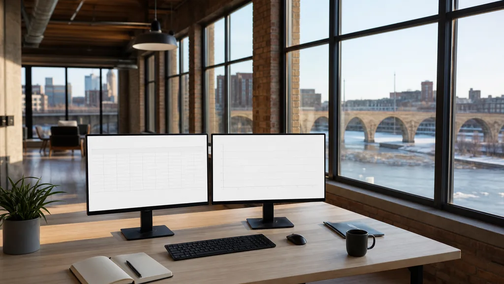Editorial photograph of an empty modern marketing analytics studio in a Minneapolis office with tall windows onto the city in soft daylight, two widescreen monitors showing blank dashboard and chart views, a keyboard, a notebook and a mug on a wooden desk, no people and no signage