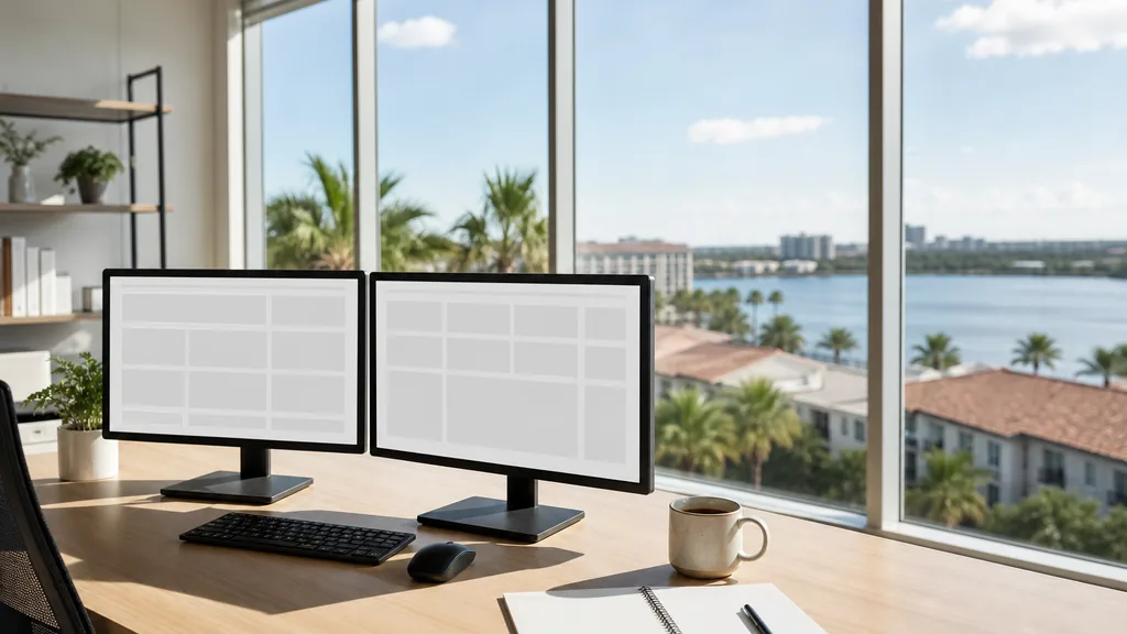 Editorial photograph of an empty modern marketing analytics studio in a Orlando office with tall windows onto the city in soft daylight, two widescreen monitors showing blank dashboard and chart views, a keyboard, a notebook and a mug on a wooden desk, no people and no signage