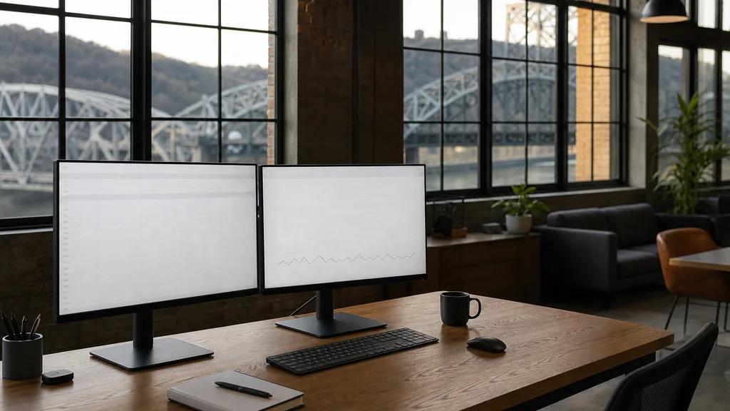Editorial photograph of an empty modern marketing analytics studio in a Pittsburgh office with tall windows onto the city in soft daylight, two widescreen monitors showing blank dashboard and chart views, a keyboard, a notebook and a mug on a wooden desk, no people and no signage