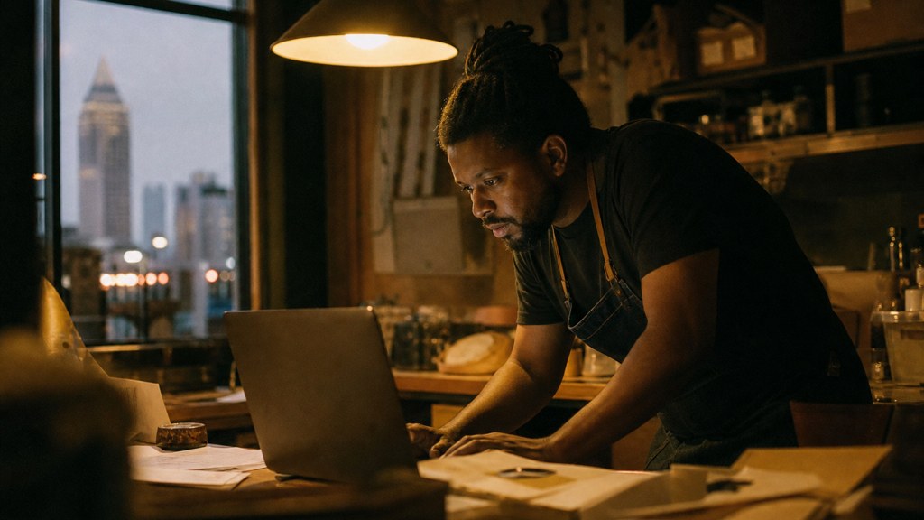 A small-business owner in an apron leaning over a laptop on a cluttered back-office desk late in the day, photographed in Atlanta
