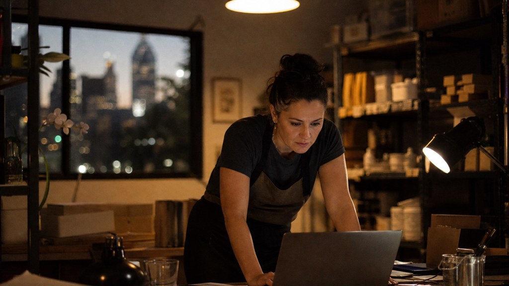 A small-business owner in an apron leaning over a laptop on a cluttered back-office desk late in the day, photographed in Atlanta