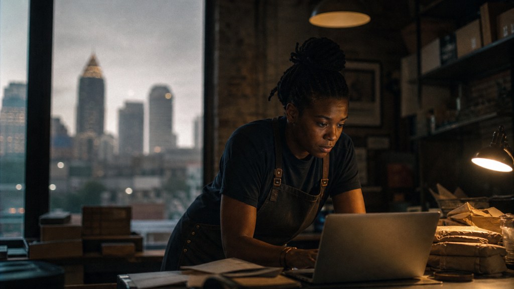 A small-business owner in an apron leaning over a laptop on a cluttered back-office desk late in the day, photographed in Atlanta